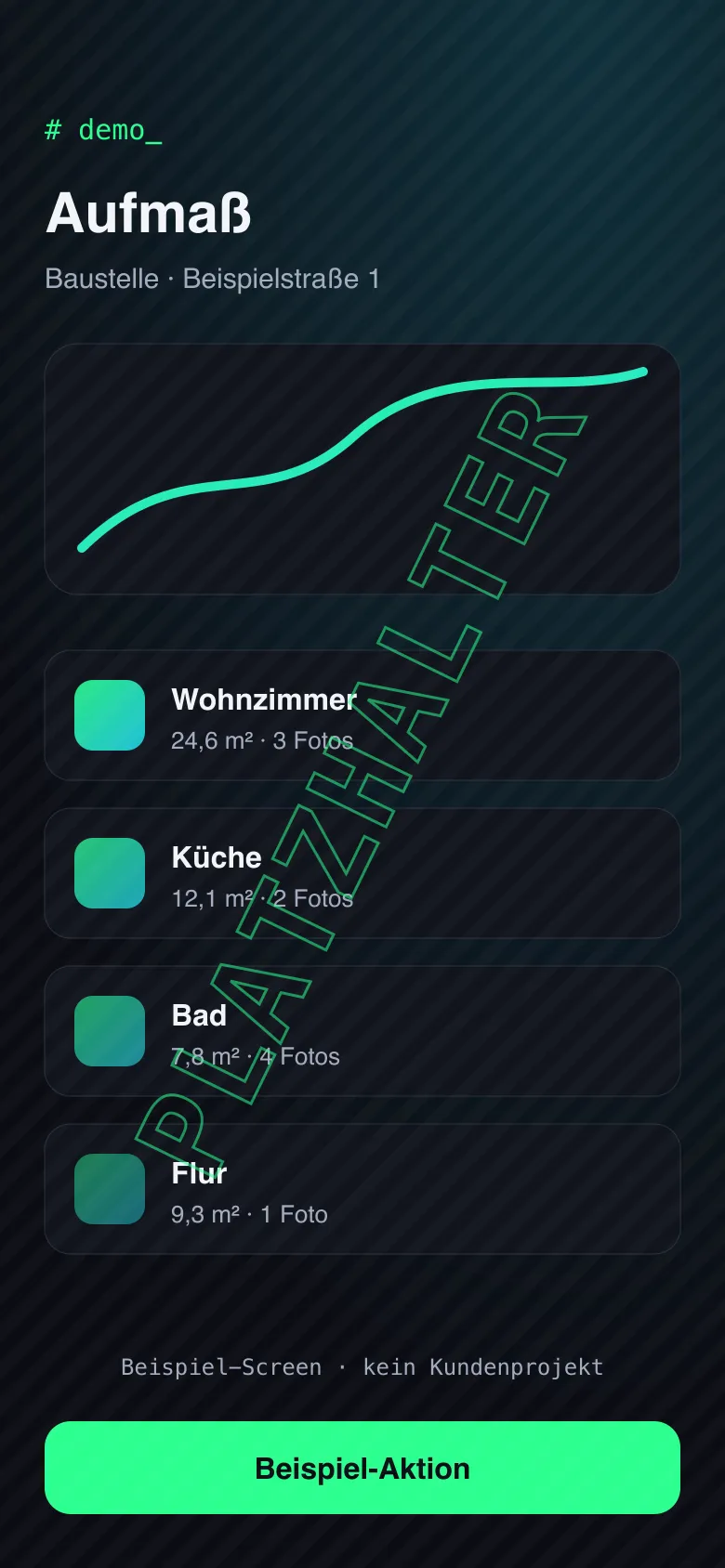 Platzhalter-Mockup: Smartphone-App mit Aufmaß-Liste für Wohnzimmer, Küche, Bad und Flur